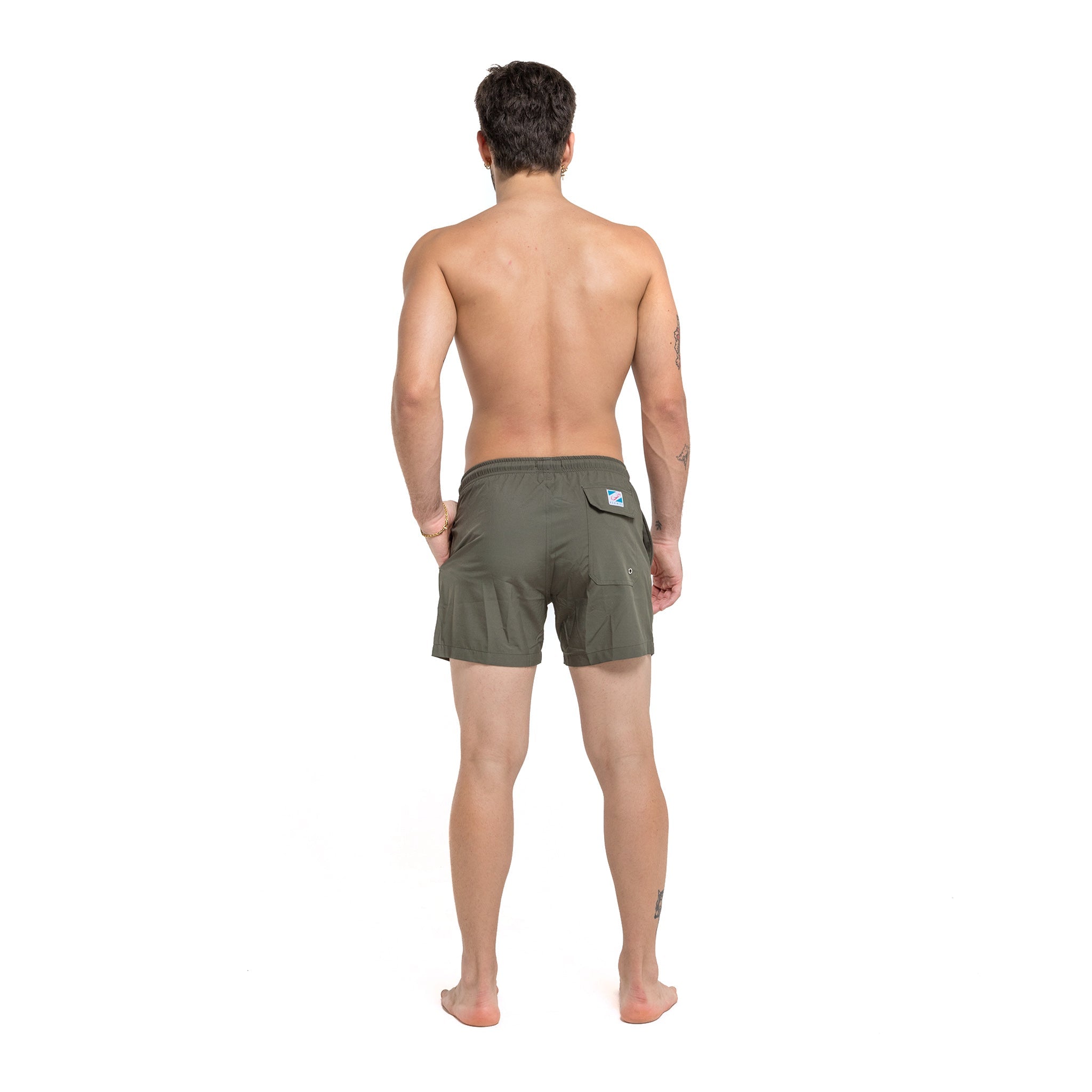 Green 5" Swim Trunks made from recycled materials, featuring a stylish design and eco-friendly attributes.