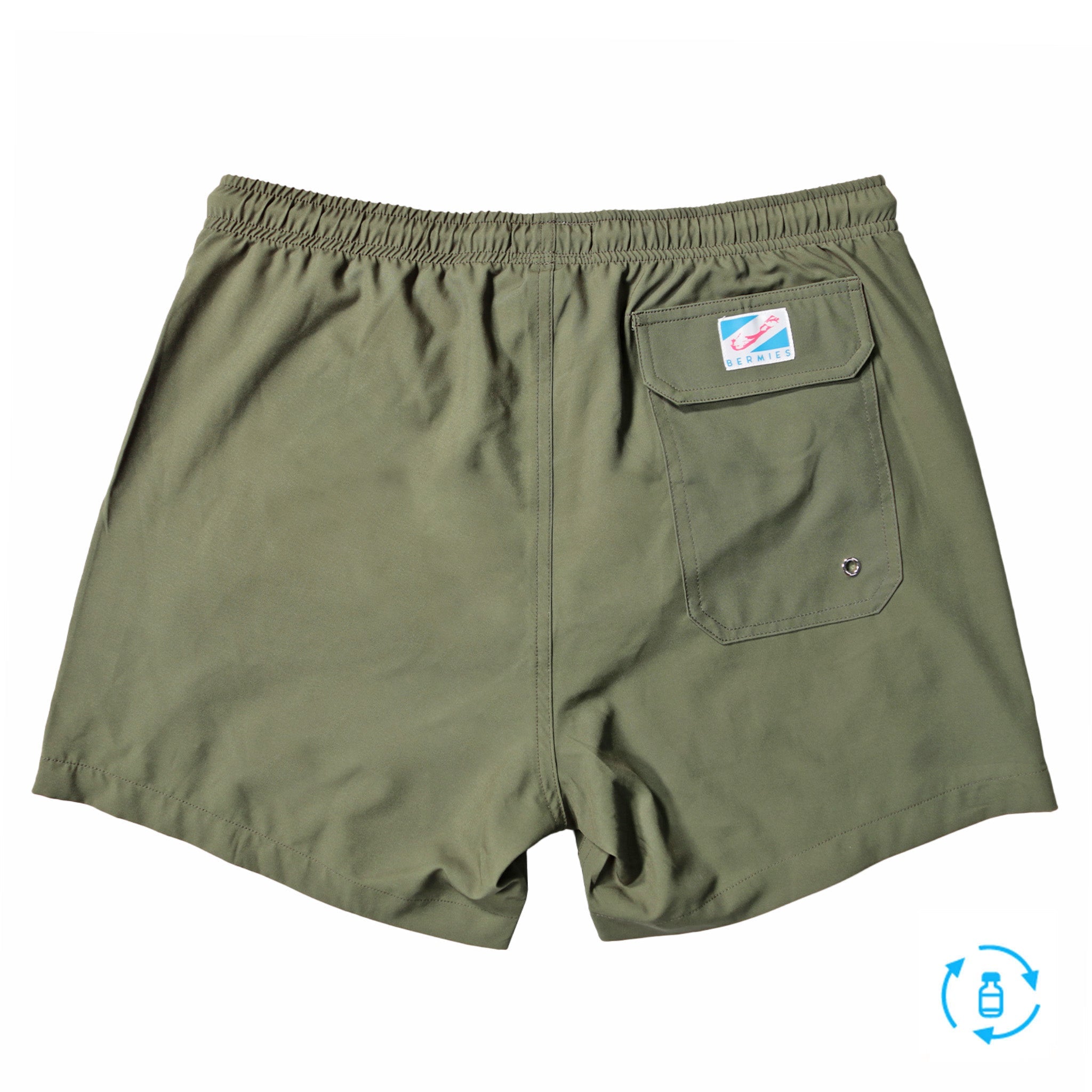 Green 5" Swim Trunks made from recycled materials, featuring a stylish design and eco-friendly attributes.