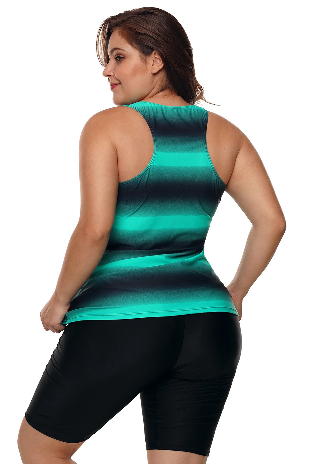 Green Black Ombre Print Racerback Tankini Swimsuit featuring a stylish ombre design, lace-up front detail, and matching swim bottom, perfect for summer activities.