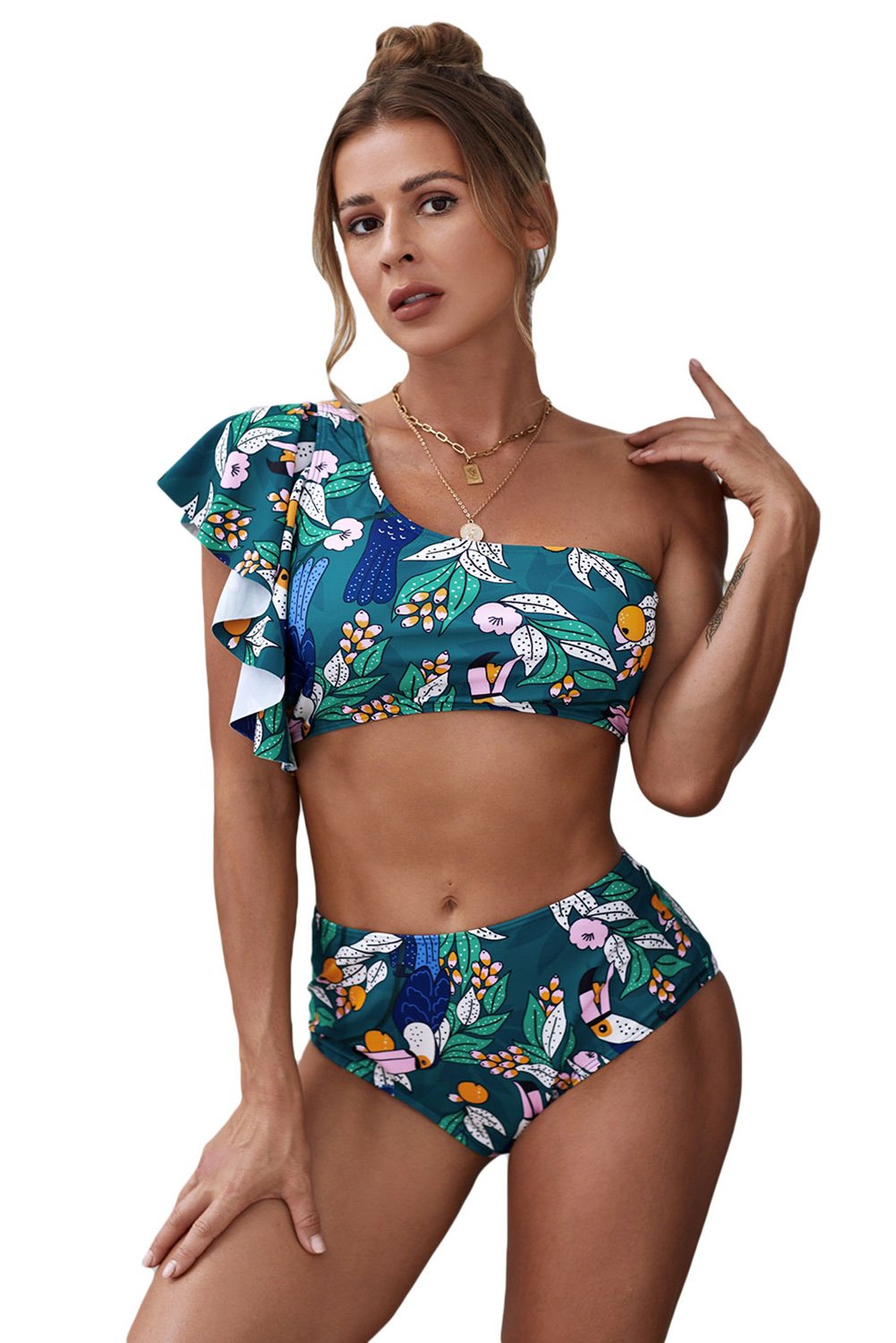 Green floral print ruffled single shoulder high waist swimsuit, showcasing stylish design and vibrant colors, perfect for summer beach activities.