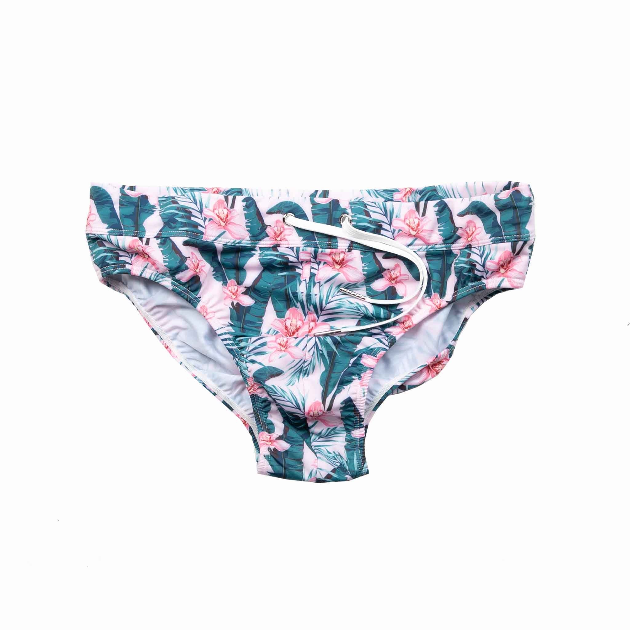 Jungle Swim Briefs featuring vibrant patterns and elastic waistband, perfect for beach and pool activities.