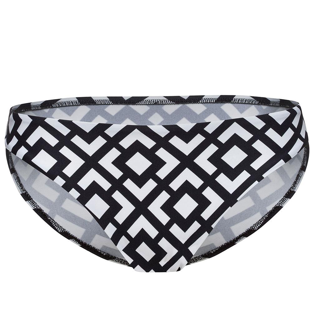 Low Rise Bikini Bottom by Lauma Swimwear featuring a geometric pattern in black and white, designed for stylish beach outings.