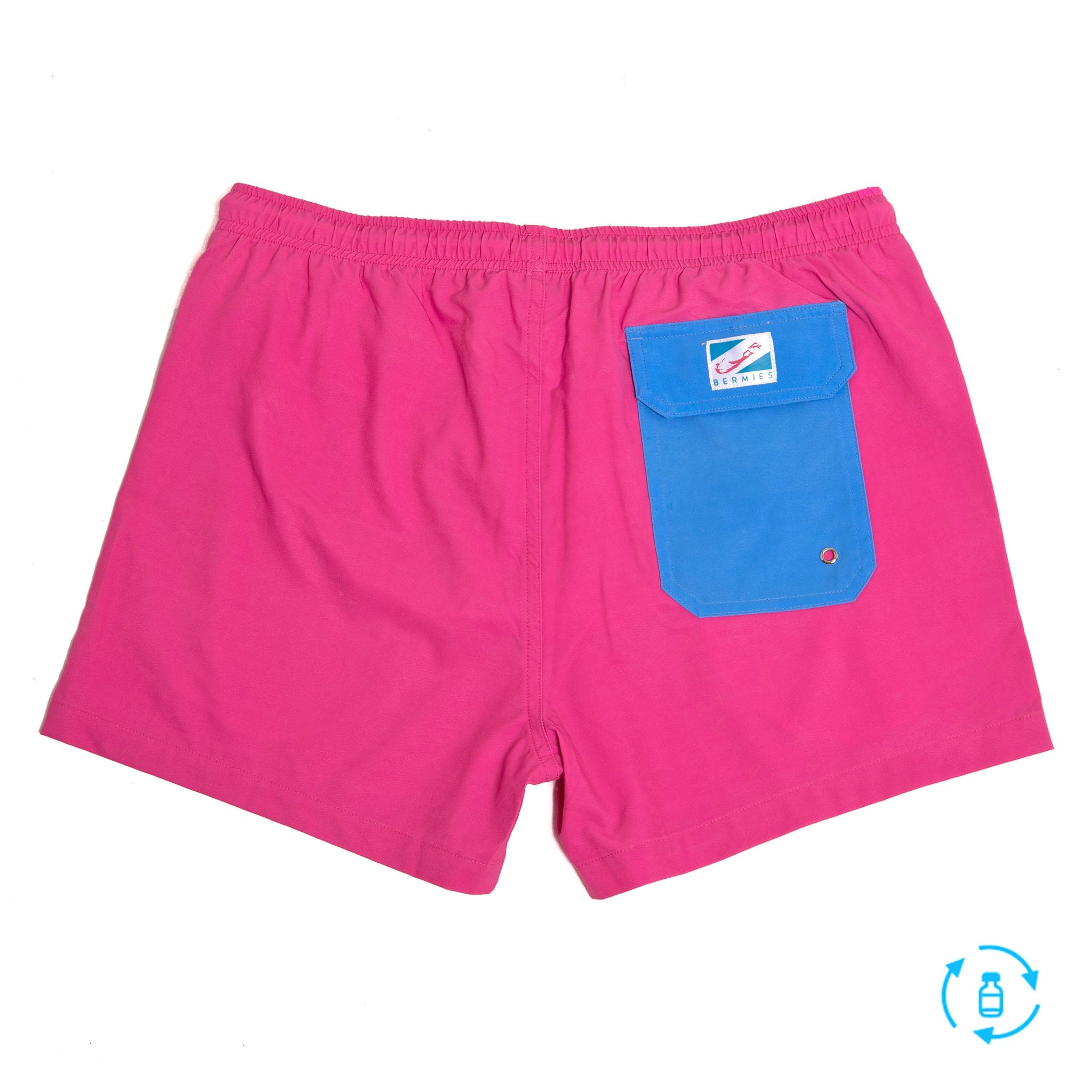 Magenta blue swim trunks with pockets and elastic key loop, designed for comfort and style.