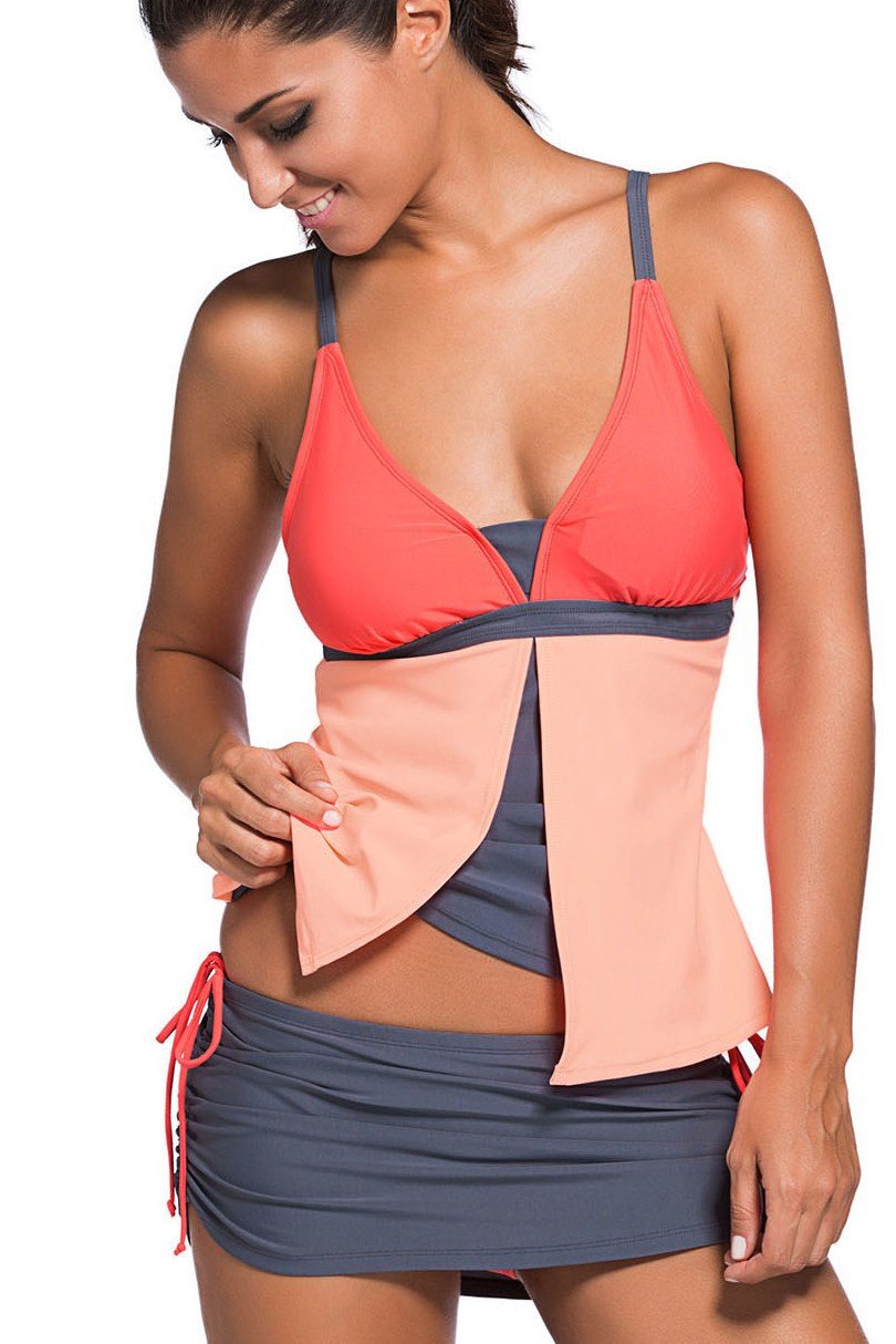 Orange Pink Colorblock 2 Pieces Tankini Skort Bottom Swimsuit featuring a layered tankini top and matching skort bottom, perfect for summer beach outings.