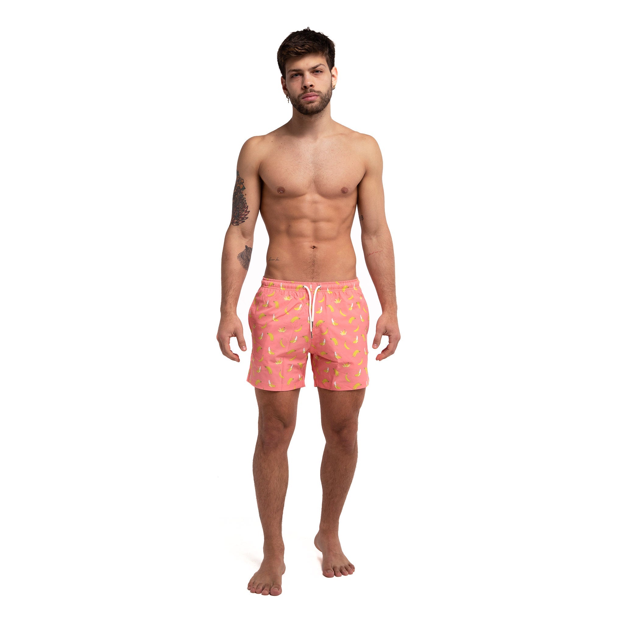 Pink Banana 5" Swim Trunks made from recycled materials, featuring a stylish design and eco-friendly attributes.