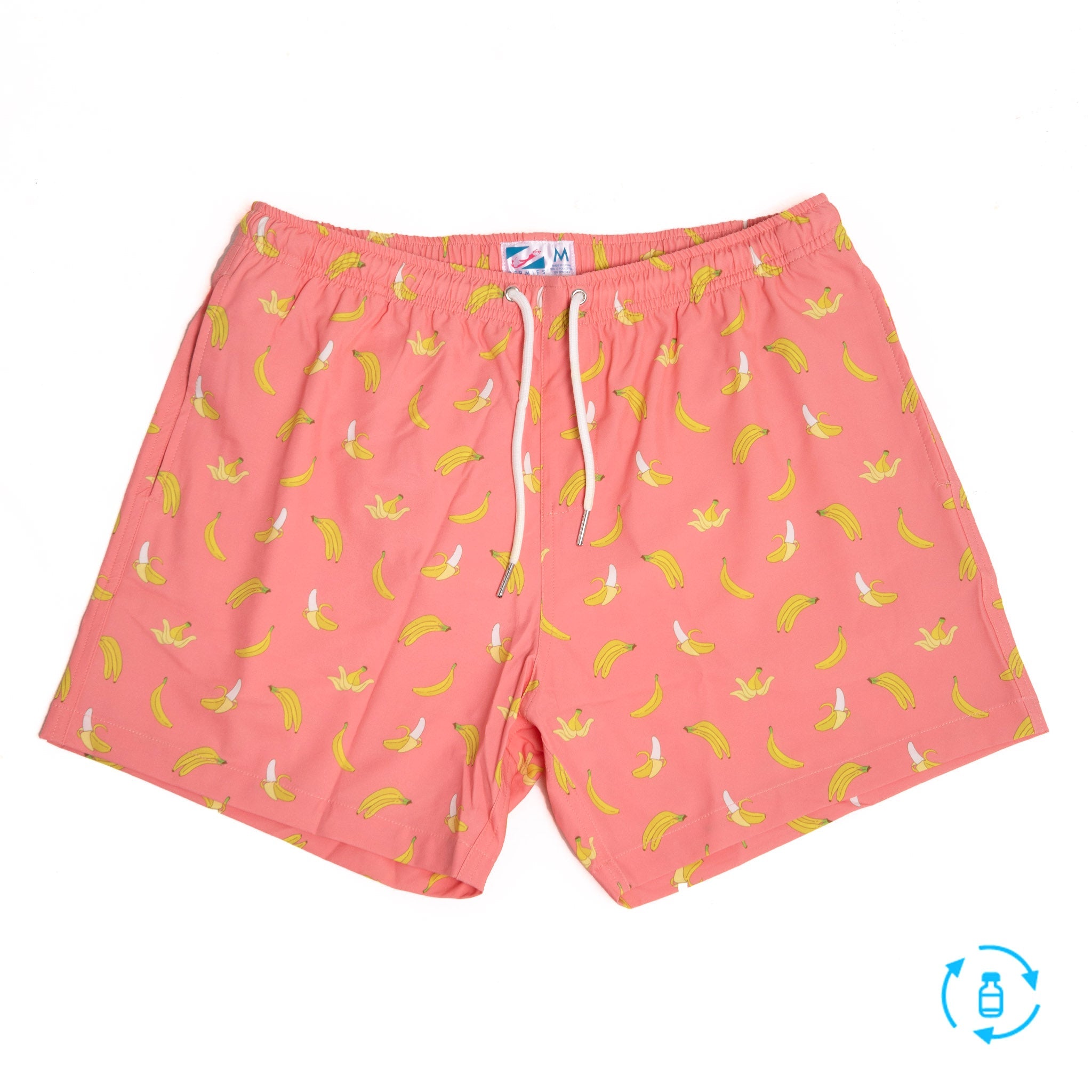 Pink Banana 5" Swim Trunks made from recycled materials, featuring a stylish design and eco-friendly attributes.