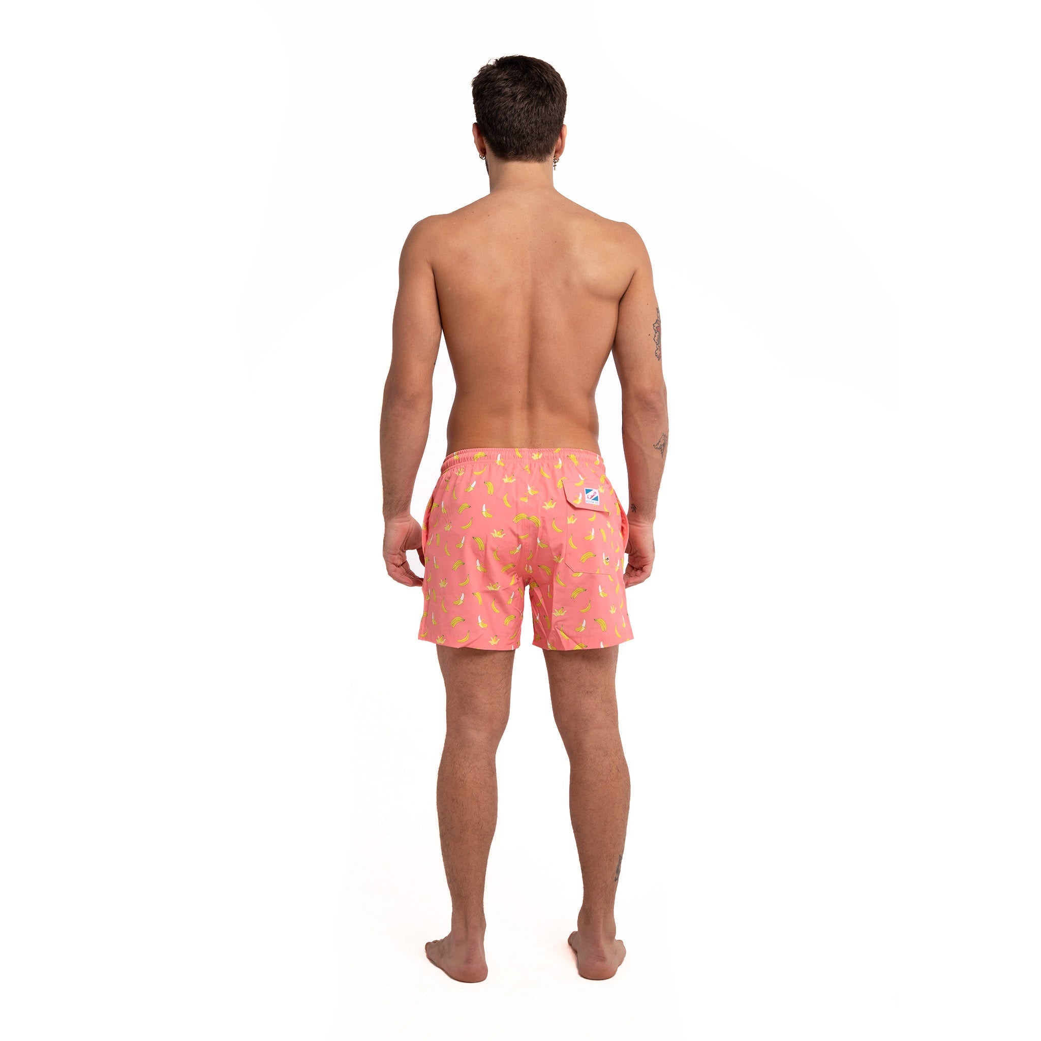 Pink Banana 5" Swim Trunks made from recycled materials, featuring a stylish design and eco-friendly attributes.