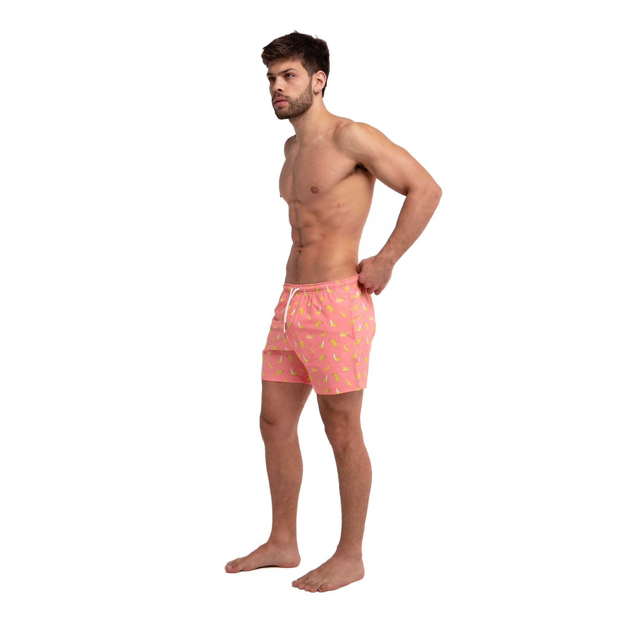 Pink Banana 5" Swim Trunks made from recycled materials, featuring a stylish design and eco-friendly attributes.