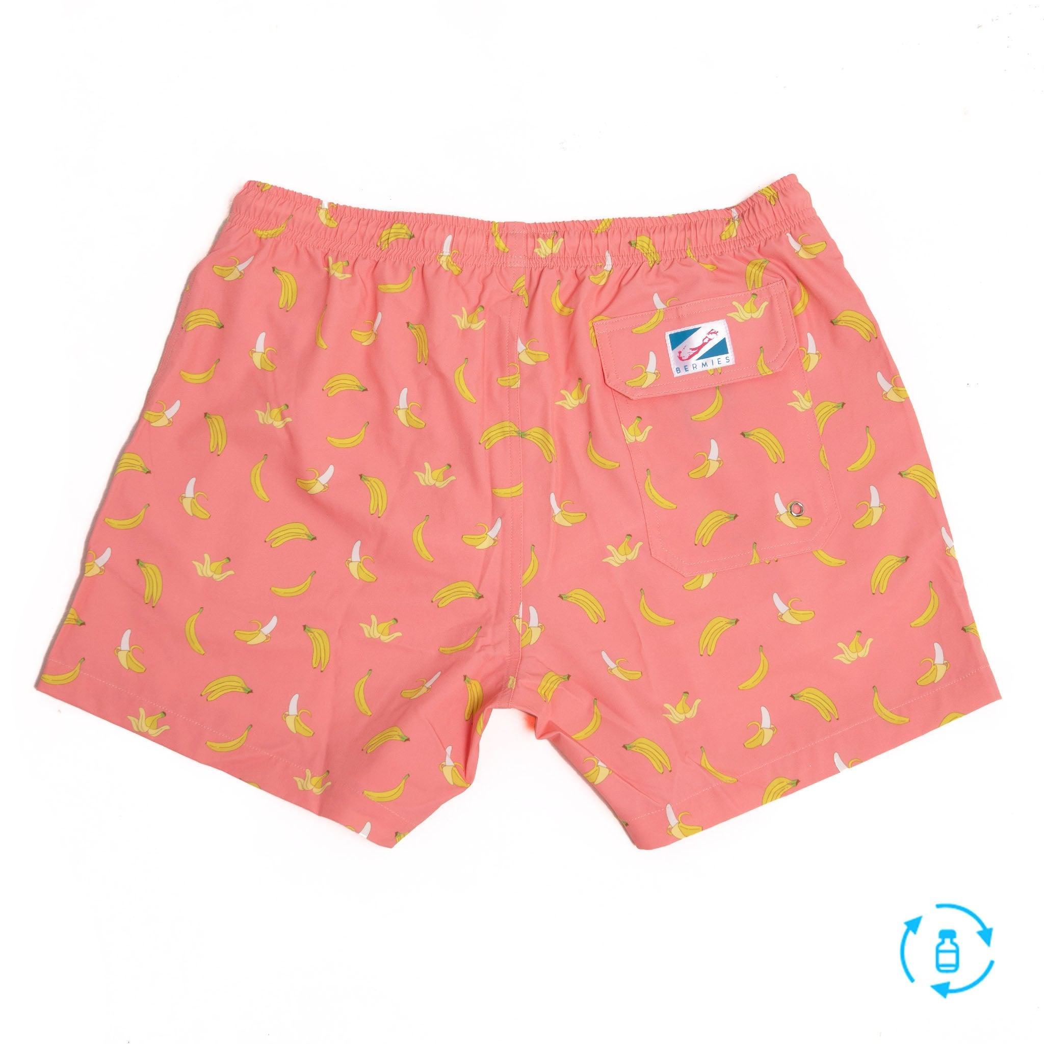 Pink Banana 5" Swim Trunks made from recycled materials, featuring a stylish design and eco-friendly attributes.