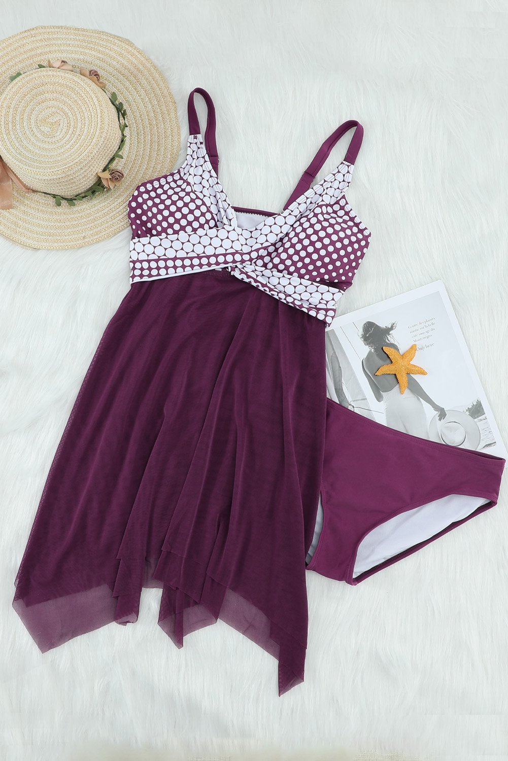 Purple Retro Polka Dot Print Handkerchief Hem Tankini Set featuring stylish ruffles and a comfortable fit, perfect for summer beach outings.