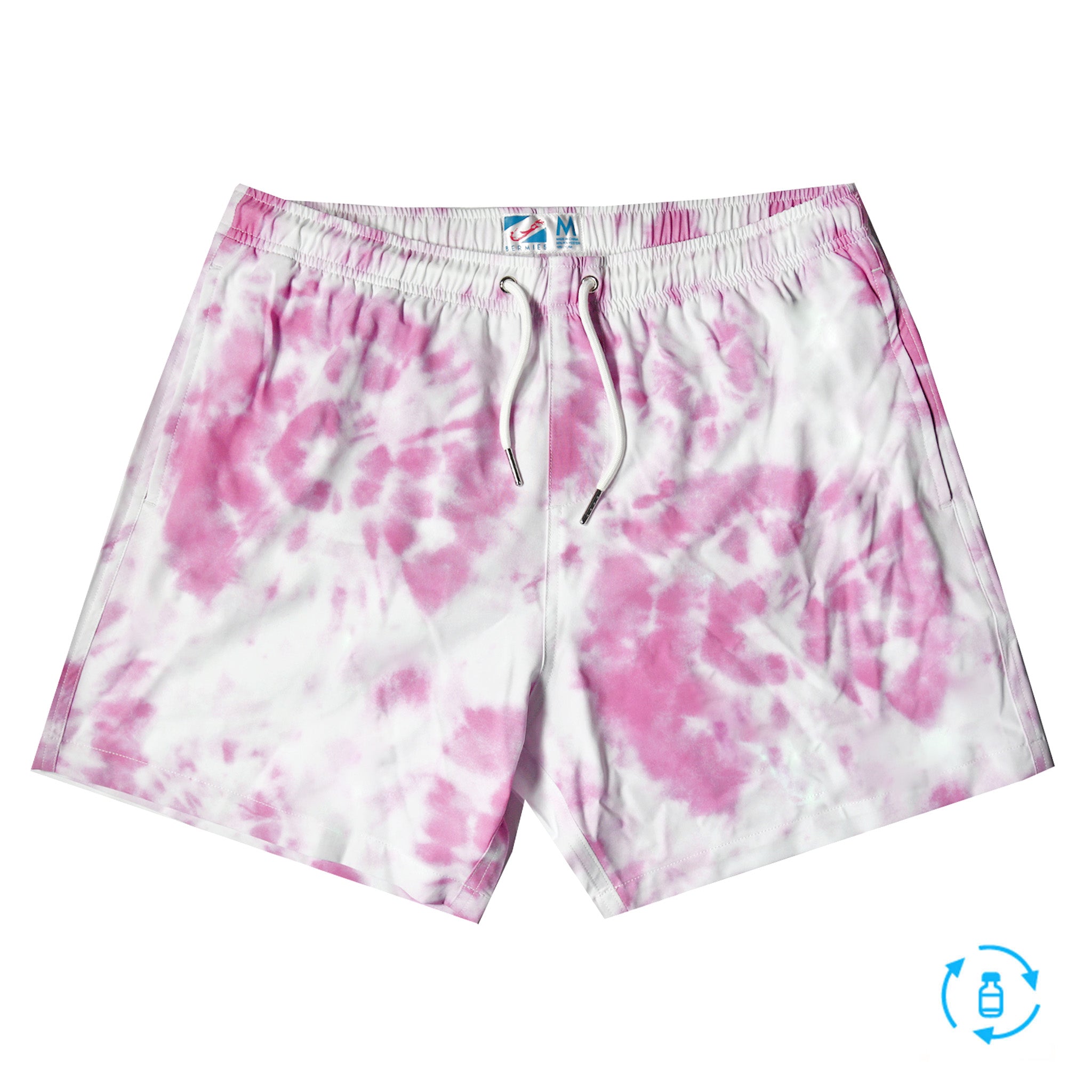 Purple Tie Dye 5" Swim Trunks made from recycled materials, featuring a stylish design and eco-friendly attributes.