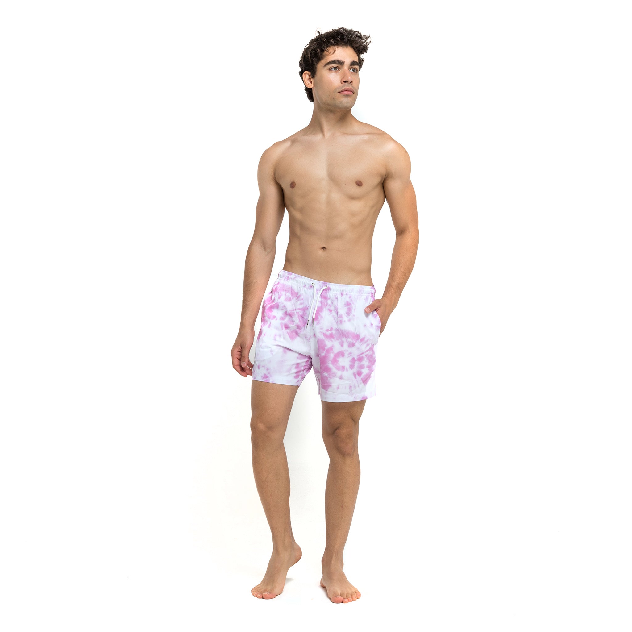 Purple Tie Dye 5" Swim Trunks made from recycled materials, featuring a stylish design and eco-friendly attributes.