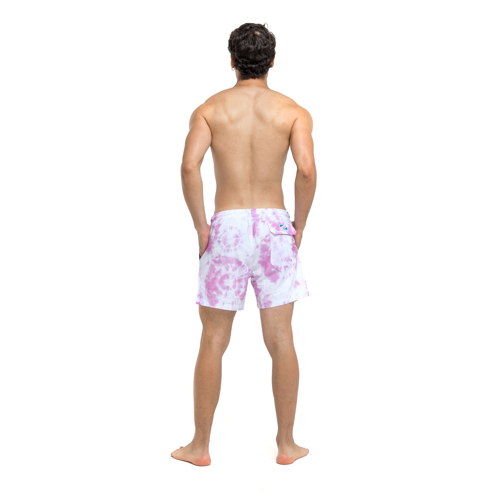 Purple Tie Dye 5" Swim Trunks made from recycled materials, featuring a stylish design and eco-friendly attributes.