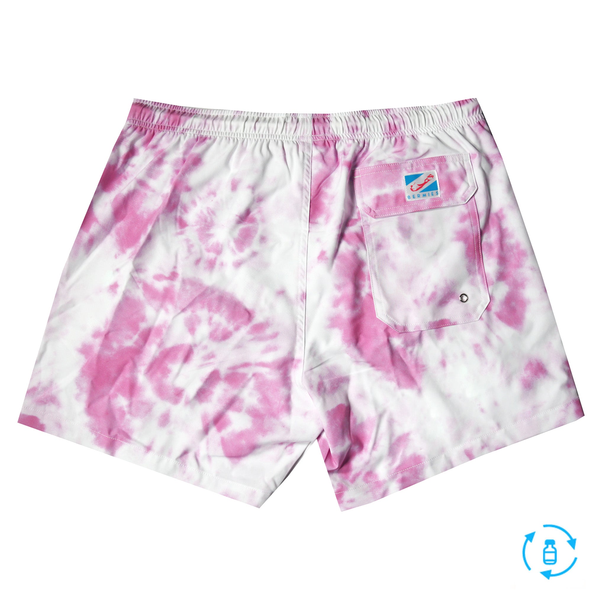 Purple Tie Dye 5" Swim Trunks made from recycled materials, featuring a stylish design and eco-friendly attributes.