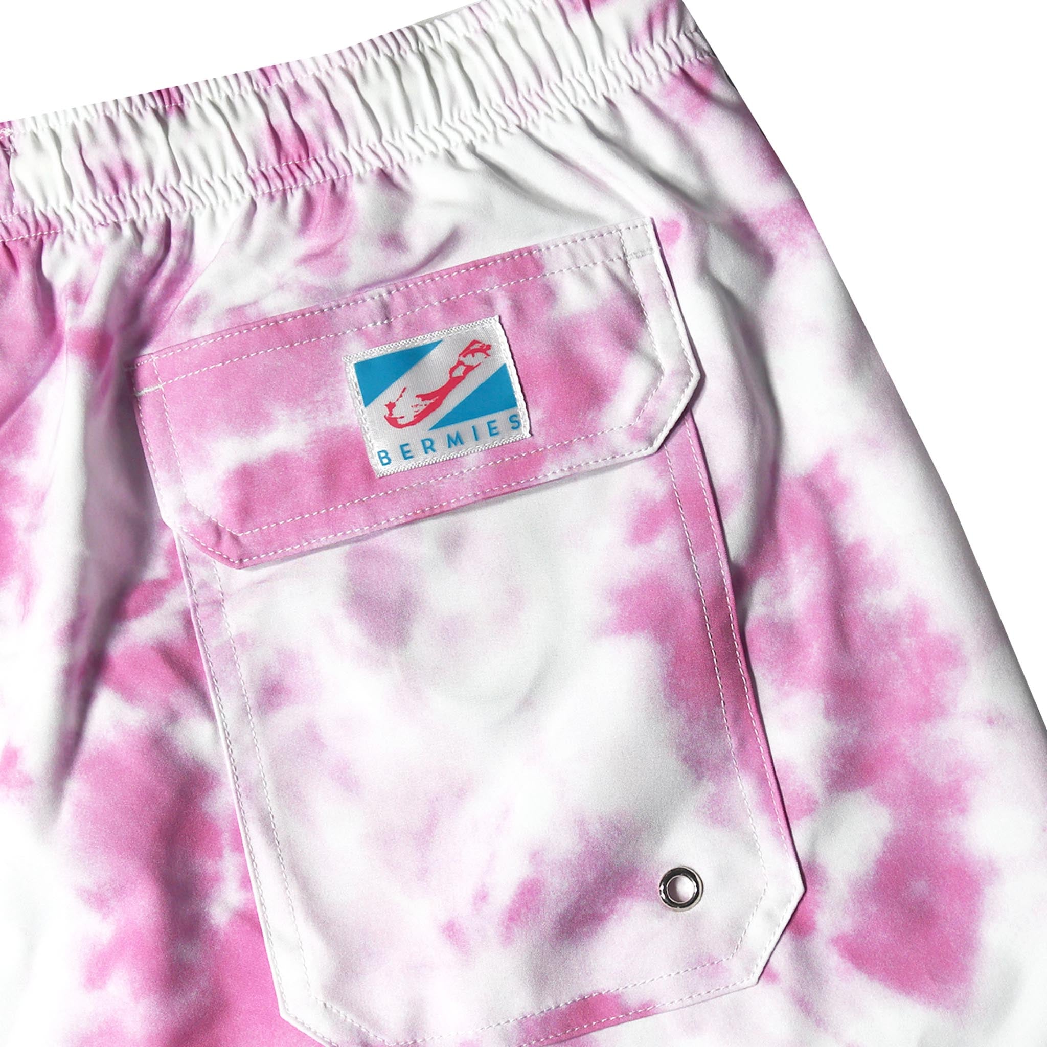 Purple Tie Dye 5" Swim Trunks made from recycled materials, featuring a stylish design and eco-friendly attributes.