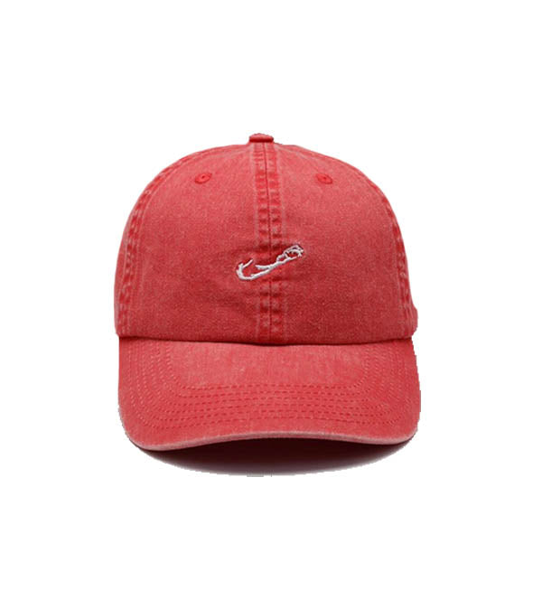 Red Bermies dad cap featuring hand-stitched summer fruit and animal designs, made from upcycled materials.