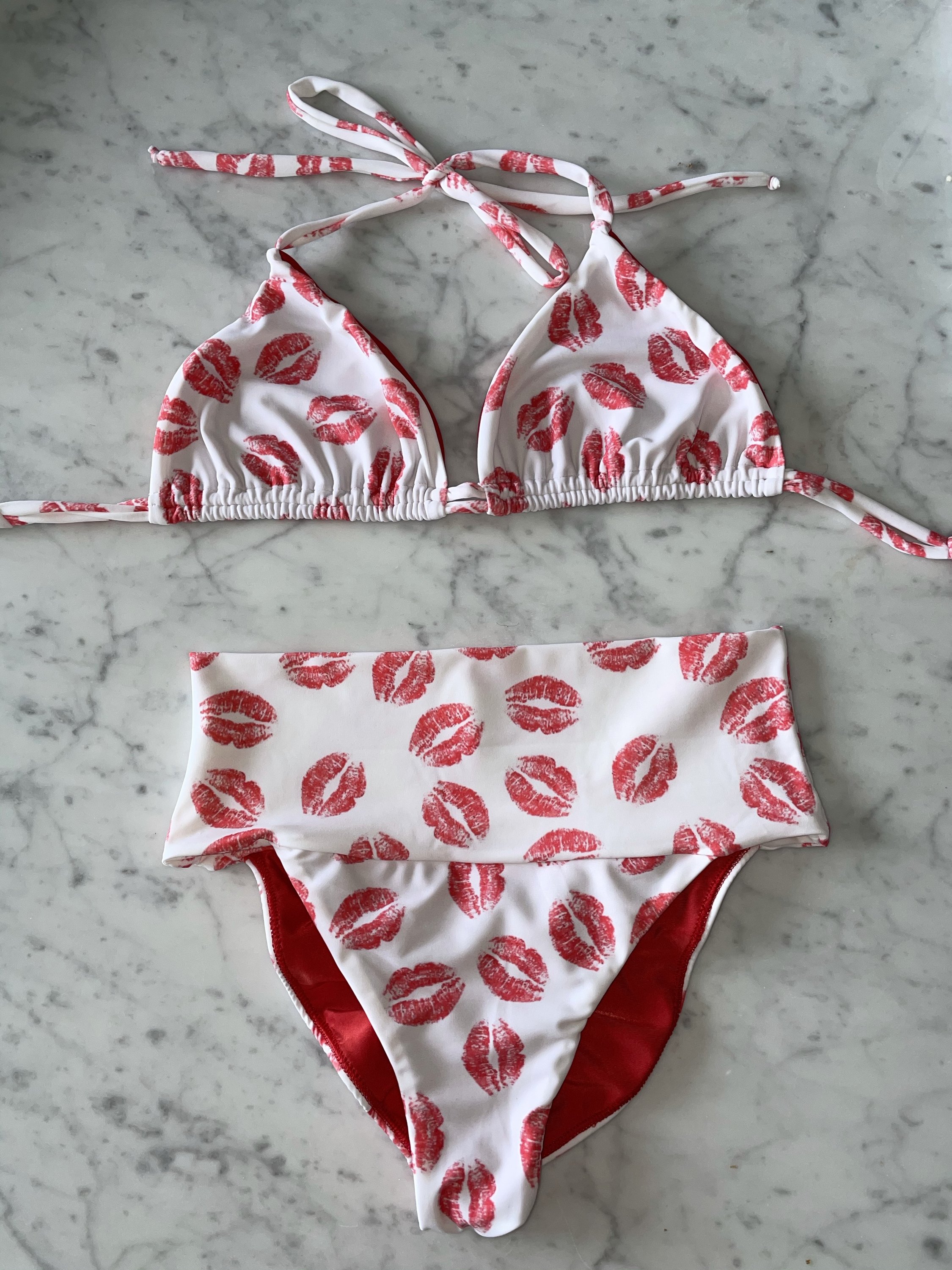 Red Kisses Adult Women Bikini Bottom featuring a vibrant tiger print design made from lycra, perfect for beach and pool wear.