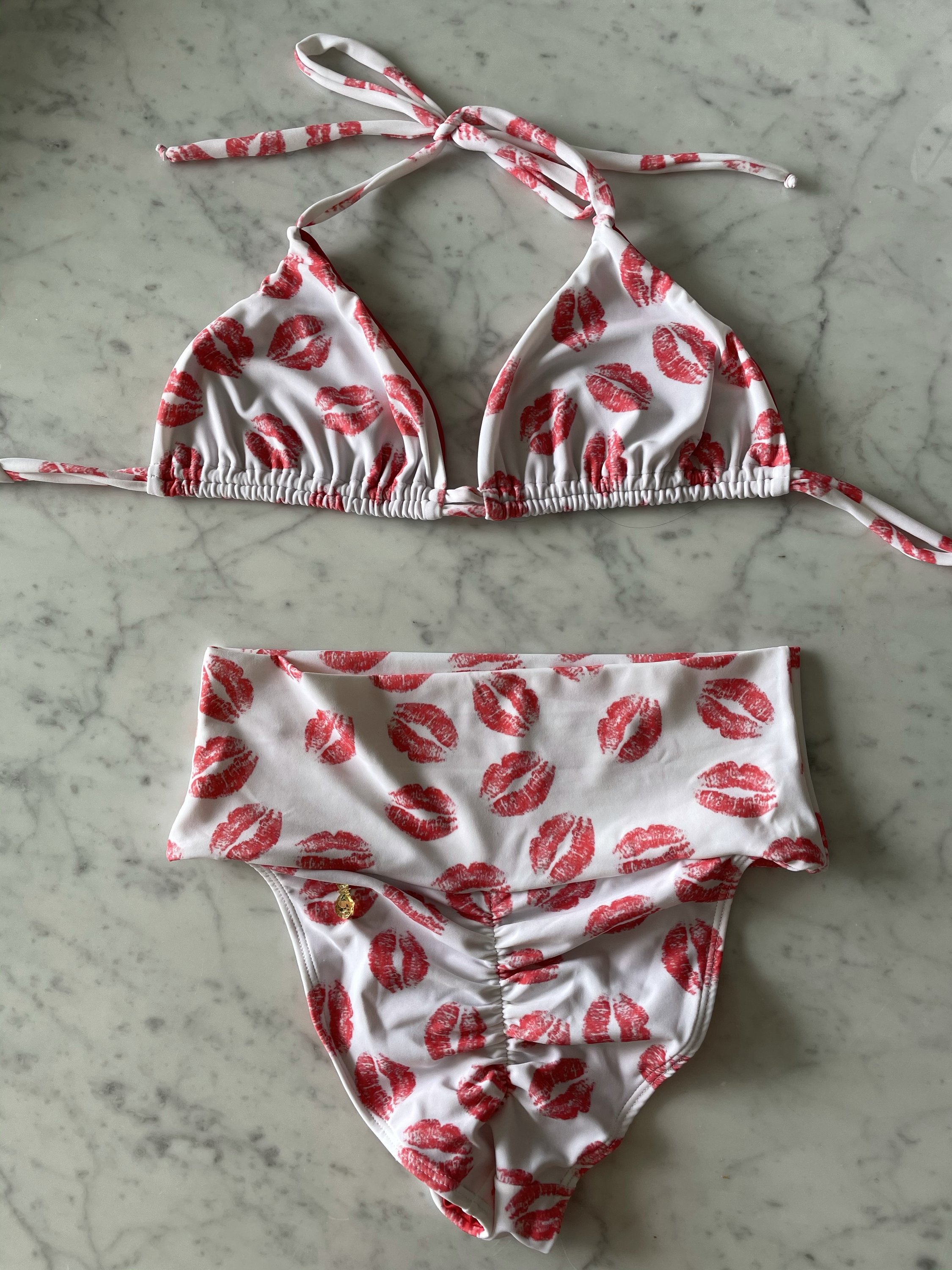 Red Kisses Adult Women Bikini Bottom featuring a vibrant tiger print design made from lycra, perfect for beach and pool wear.