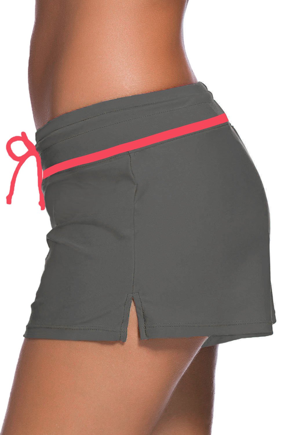 Red Trim Taupe Women Swim Boardshort featuring a wide elastic waistband and drawstring, perfect for beach activities.