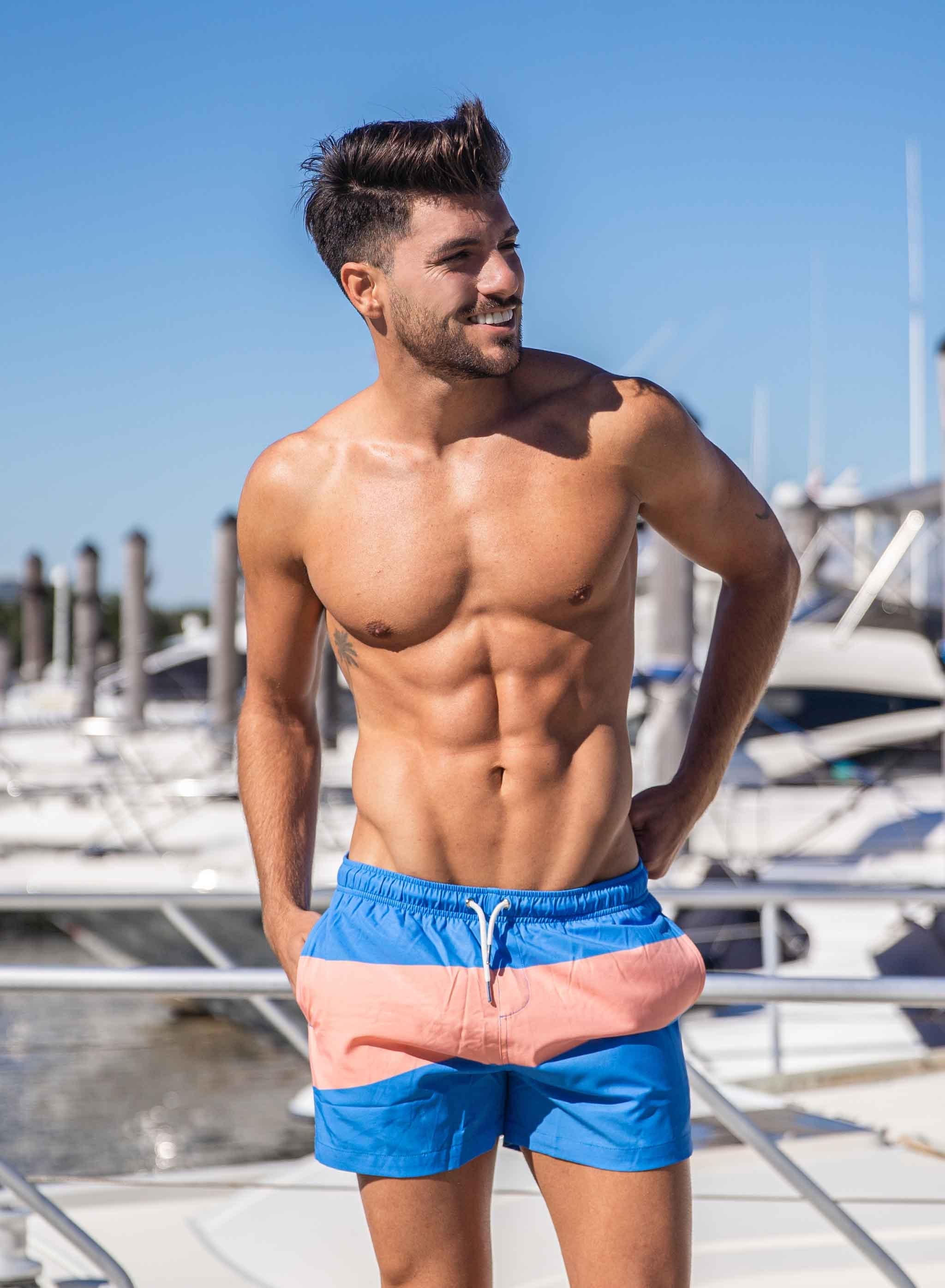 Riverside 3.5" Swim Trunks in vibrant colors, showcasing eco-friendly fabric and stylish design.