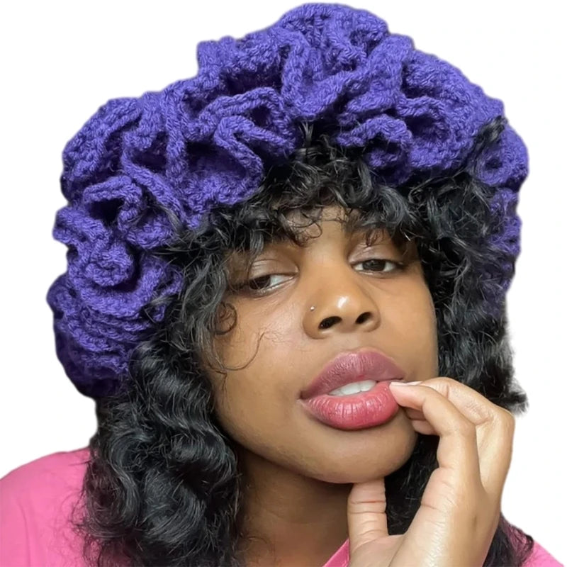 A stylish Ruffled Handmade Knit Bucket Hat with a unique ruffled brim, perfect for winter wear.