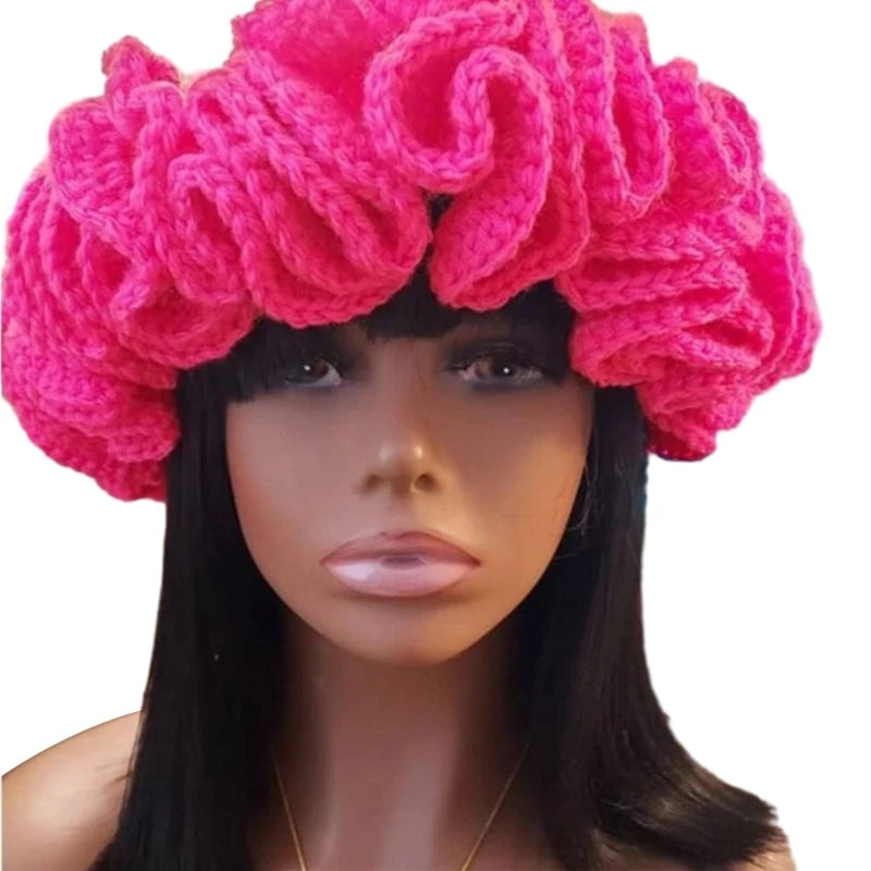 A stylish Ruffled Handmade Knit Bucket Hat with a unique ruffled brim, perfect for winter wear.