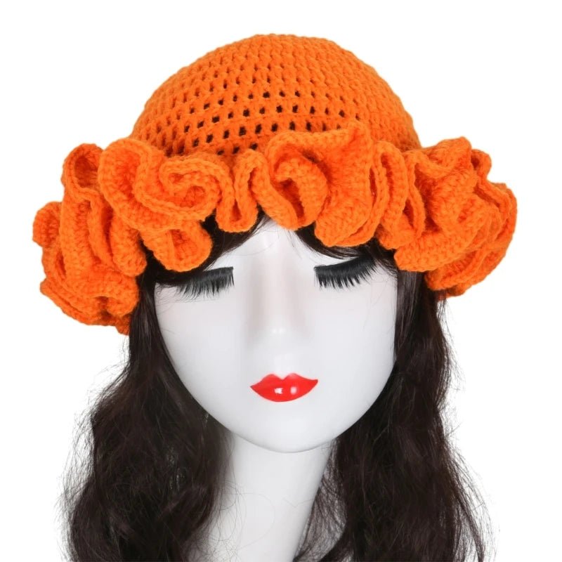 A stylish Ruffled Handmade Knit Bucket Hat with a unique ruffled brim, perfect for winter wear.