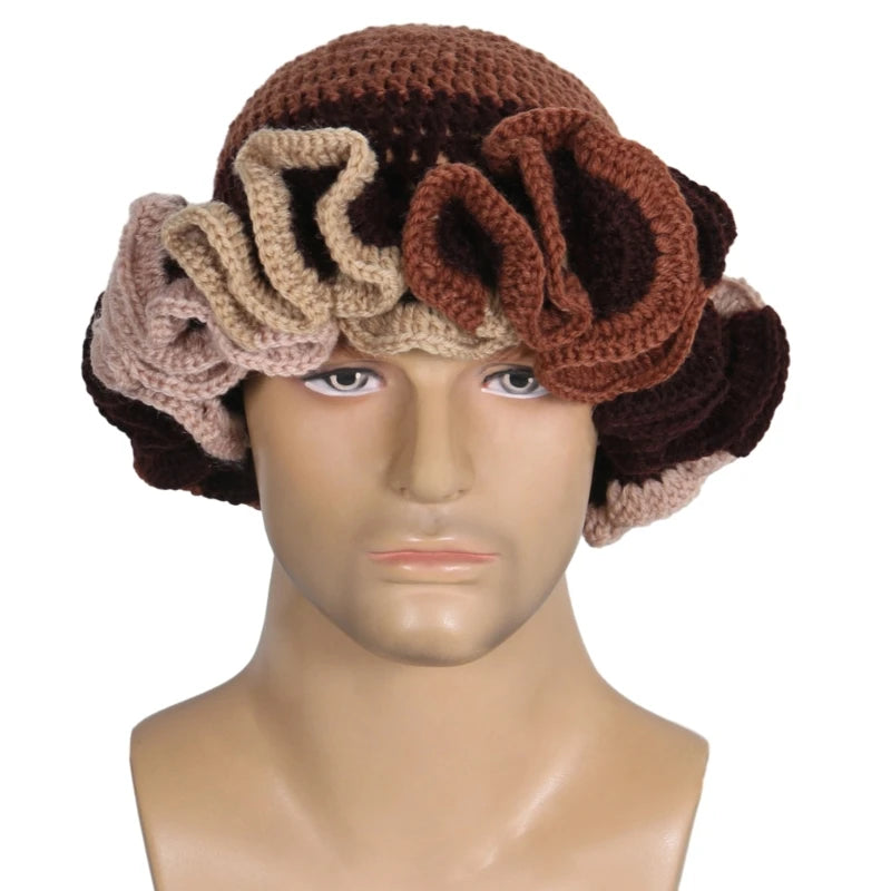 A stylish Ruffled Handmade Knit Bucket Hat with a unique ruffled brim, perfect for winter wear.