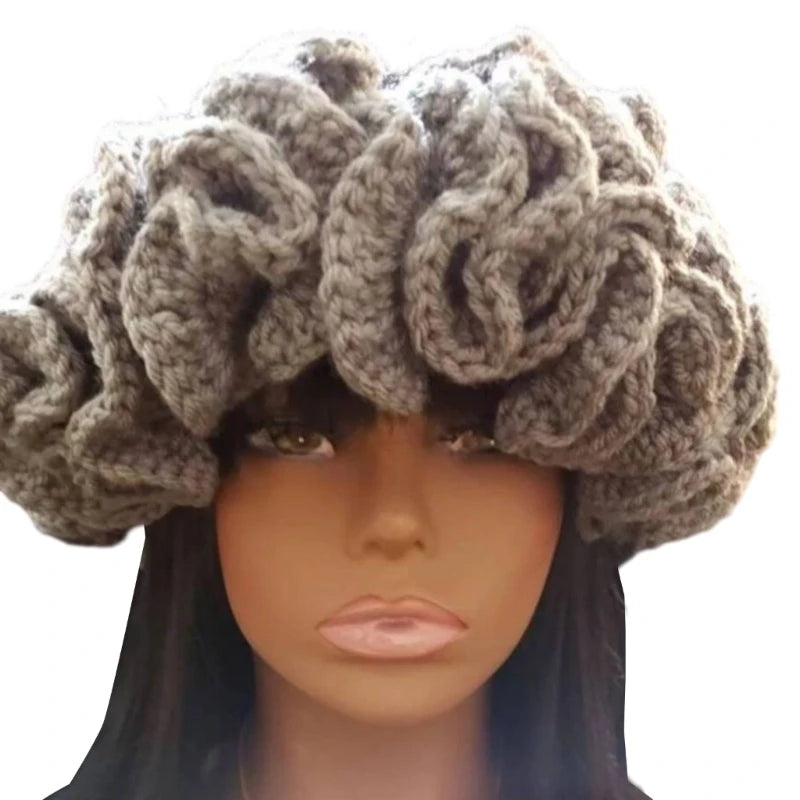 A stylish Ruffled Handmade Knit Bucket Hat with a unique ruffled brim, perfect for winter wear.