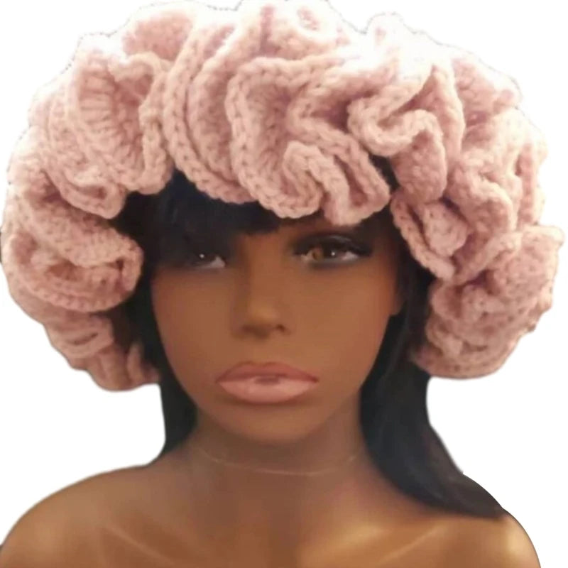 A stylish Ruffled Handmade Knit Bucket Hat with a unique ruffled brim, perfect for winter wear.