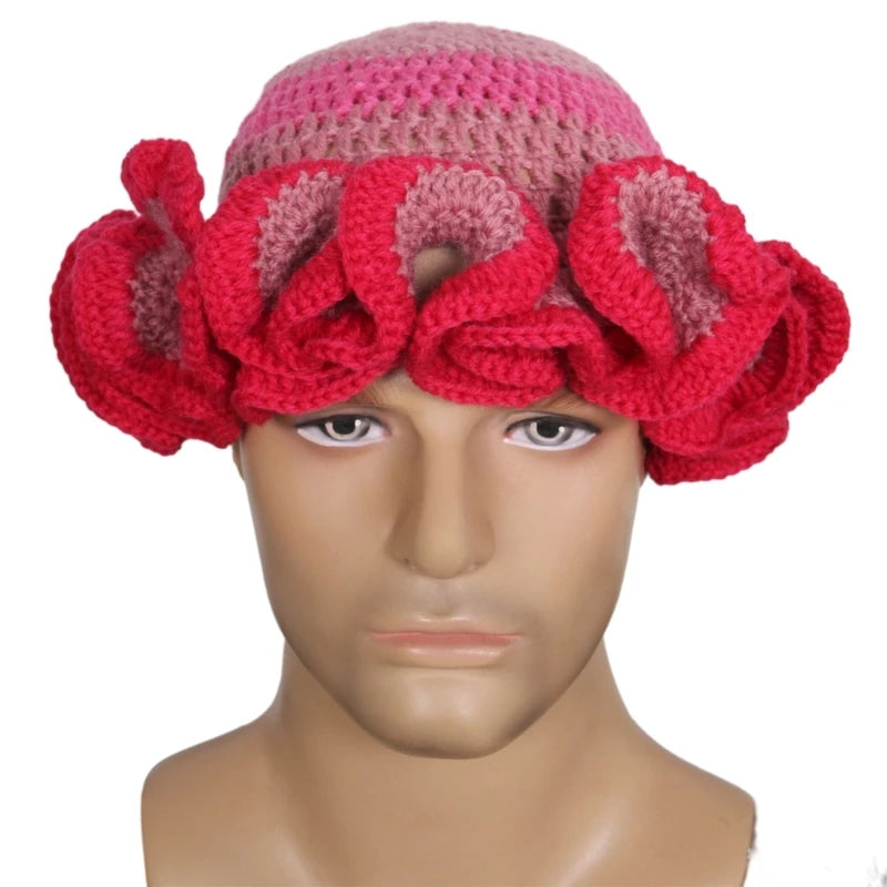 A stylish Ruffled Handmade Knit Bucket Hat with a unique ruffled brim, perfect for winter wear.