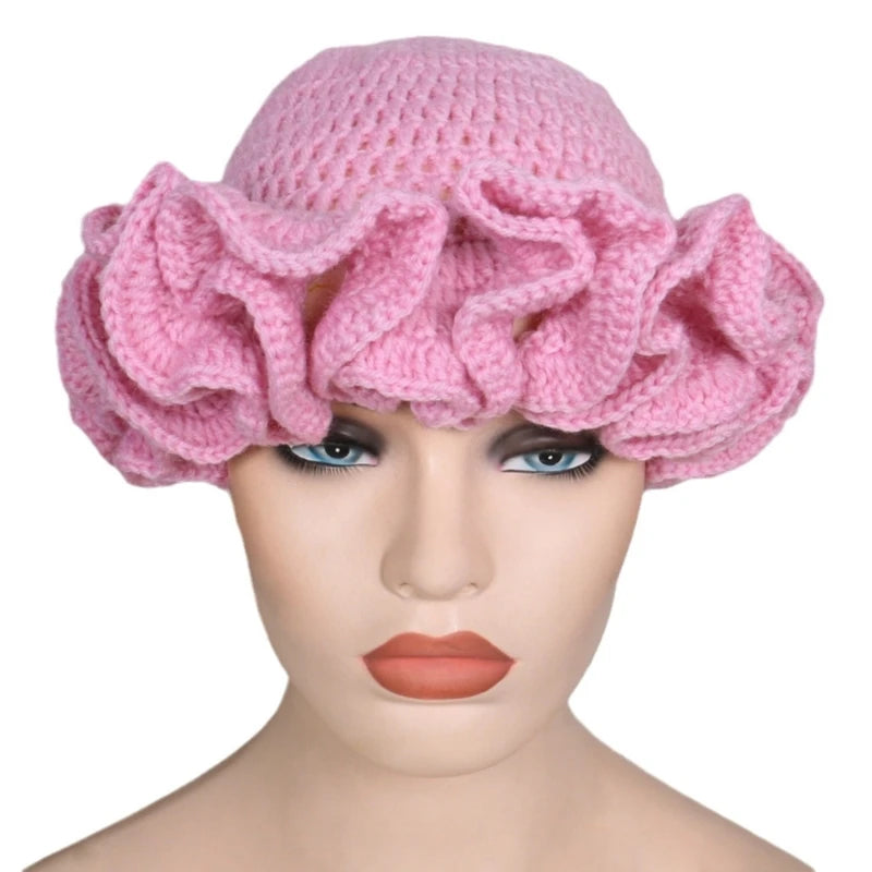 A stylish Ruffled Handmade Knit Bucket Hat with a unique ruffled brim, perfect for winter wear.