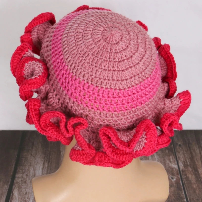 A stylish Ruffled Handmade Knit Bucket Hat with a unique ruffled brim, perfect for winter wear.