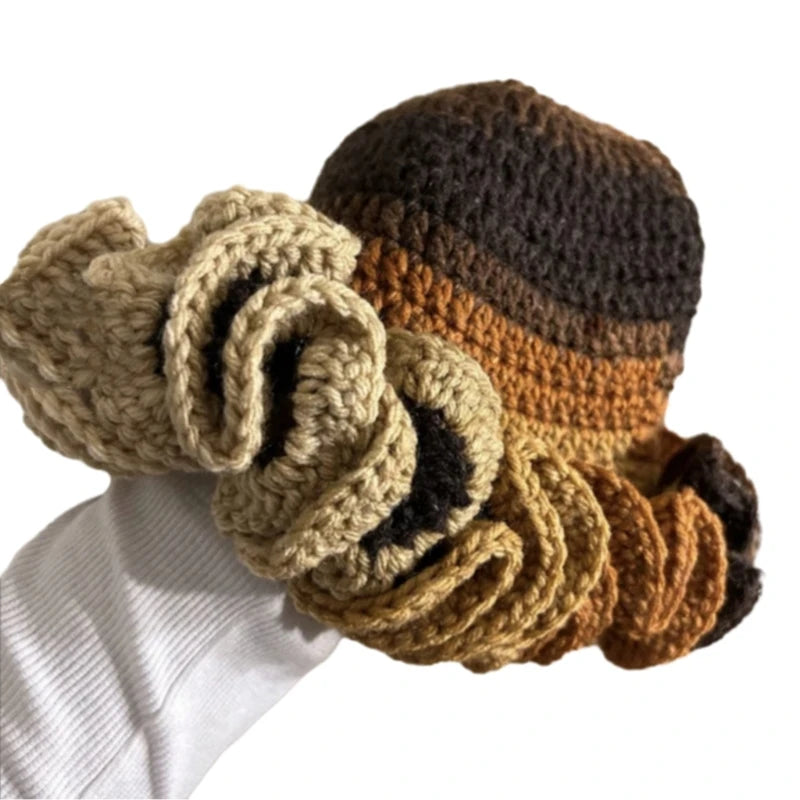 A stylish Ruffled Handmade Knit Bucket Hat with a unique ruffled brim, perfect for winter wear.