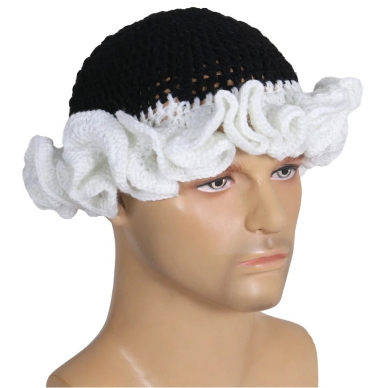 A stylish Ruffled Handmade Knit Bucket Hat with a unique ruffled brim, perfect for winter wear.