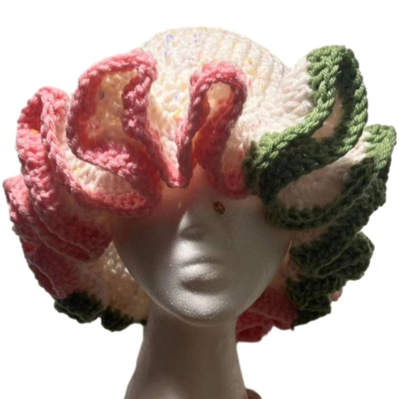 A stylish Ruffled Handmade Knit Bucket Hat with a unique ruffled brim, perfect for winter wear.