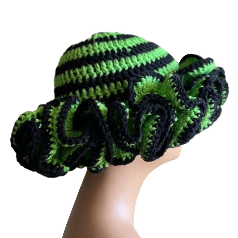 A stylish Ruffled Handmade Knit Bucket Hat with a unique ruffled brim, perfect for winter wear.