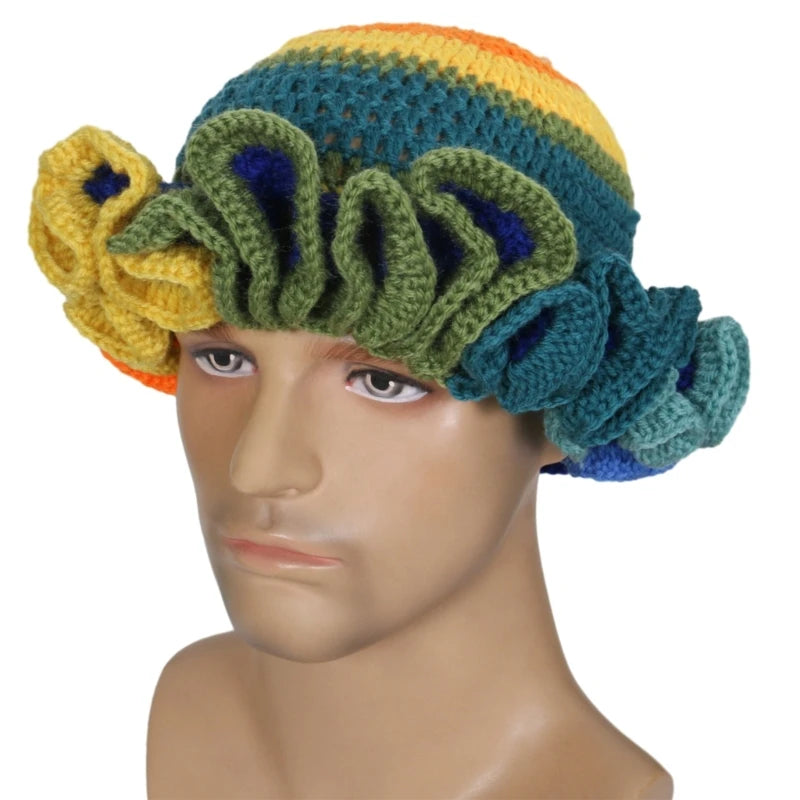 A stylish Ruffled Handmade Knit Bucket Hat with a unique ruffled brim, perfect for winter wear.