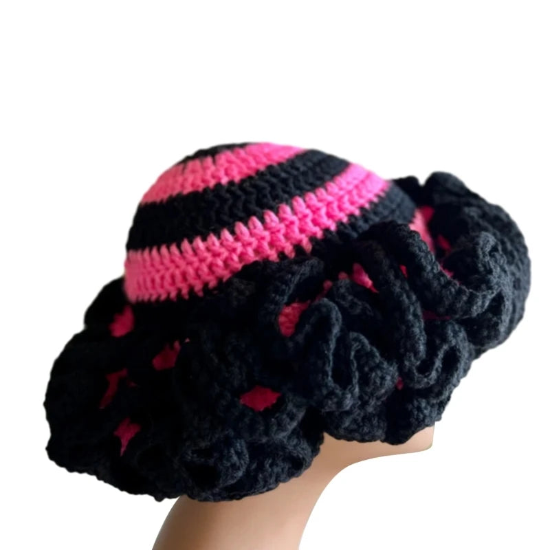 A stylish Ruffled Handmade Knit Bucket Hat with a unique ruffled brim, perfect for winter wear.