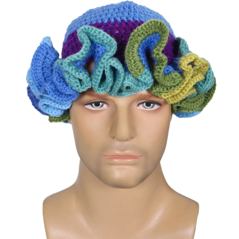 A stylish Ruffled Handmade Knit Bucket Hat with a unique ruffled brim, perfect for winter wear.