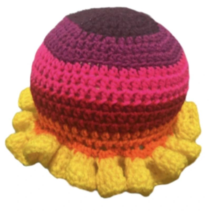 A stylish Ruffled Handmade Knit Bucket Hat with a unique ruffled brim, perfect for winter wear.