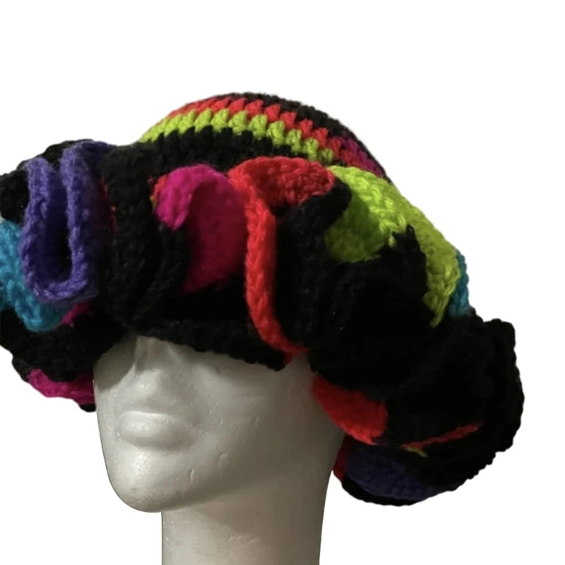 A stylish Ruffled Handmade Knit Bucket Hat with a unique ruffled brim, perfect for winter wear.