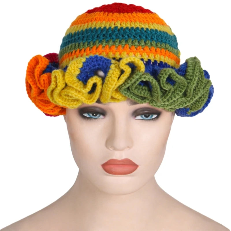 A stylish Ruffled Handmade Knit Bucket Hat with a unique ruffled brim, perfect for winter wear.