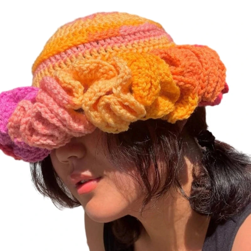 A stylish Ruffled Handmade Knit Bucket Hat with a unique ruffled brim, perfect for winter wear.