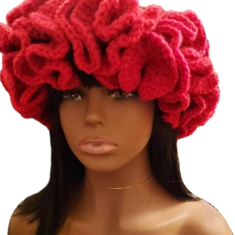 A stylish Ruffled Handmade Knit Bucket Hat with a unique ruffled brim, perfect for winter wear.