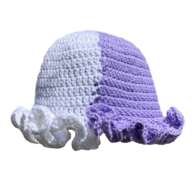 A stylish Ruffled Handmade Knit Bucket Hat with a unique ruffled brim, perfect for winter wear.