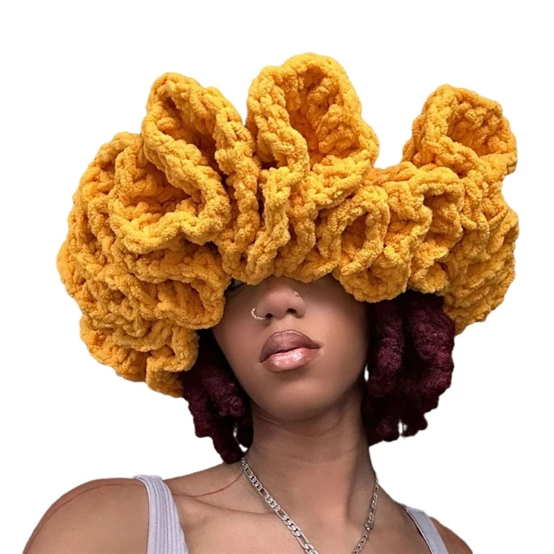 A stylish Ruffled Handmade Knit Bucket Hat with a unique ruffled brim, perfect for winter wear.