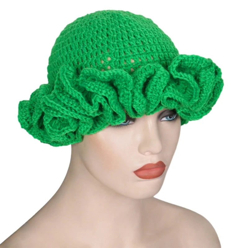 A stylish Ruffled Handmade Knit Bucket Hat with a unique ruffled brim, perfect for winter wear.