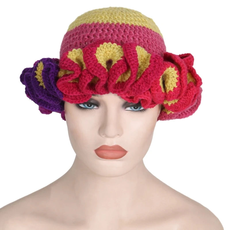 A stylish Ruffled Handmade Knit Bucket Hat with a unique ruffled brim, perfect for winter wear.