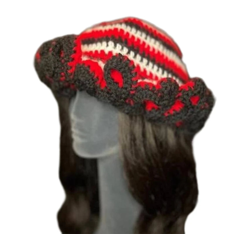 A stylish Ruffled Handmade Knit Bucket Hat with a unique ruffled brim, perfect for winter wear.